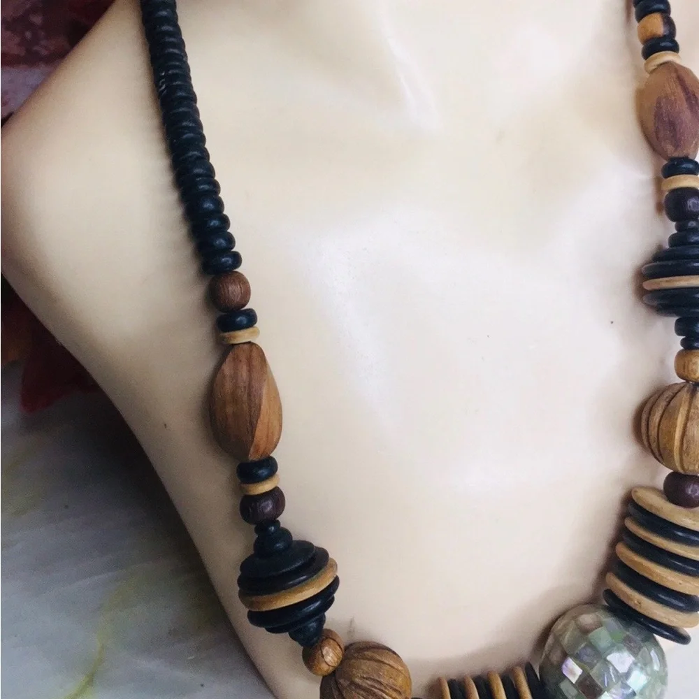 Vintage Brown and Black Boho Wooden Beaded African Inspired Necklace